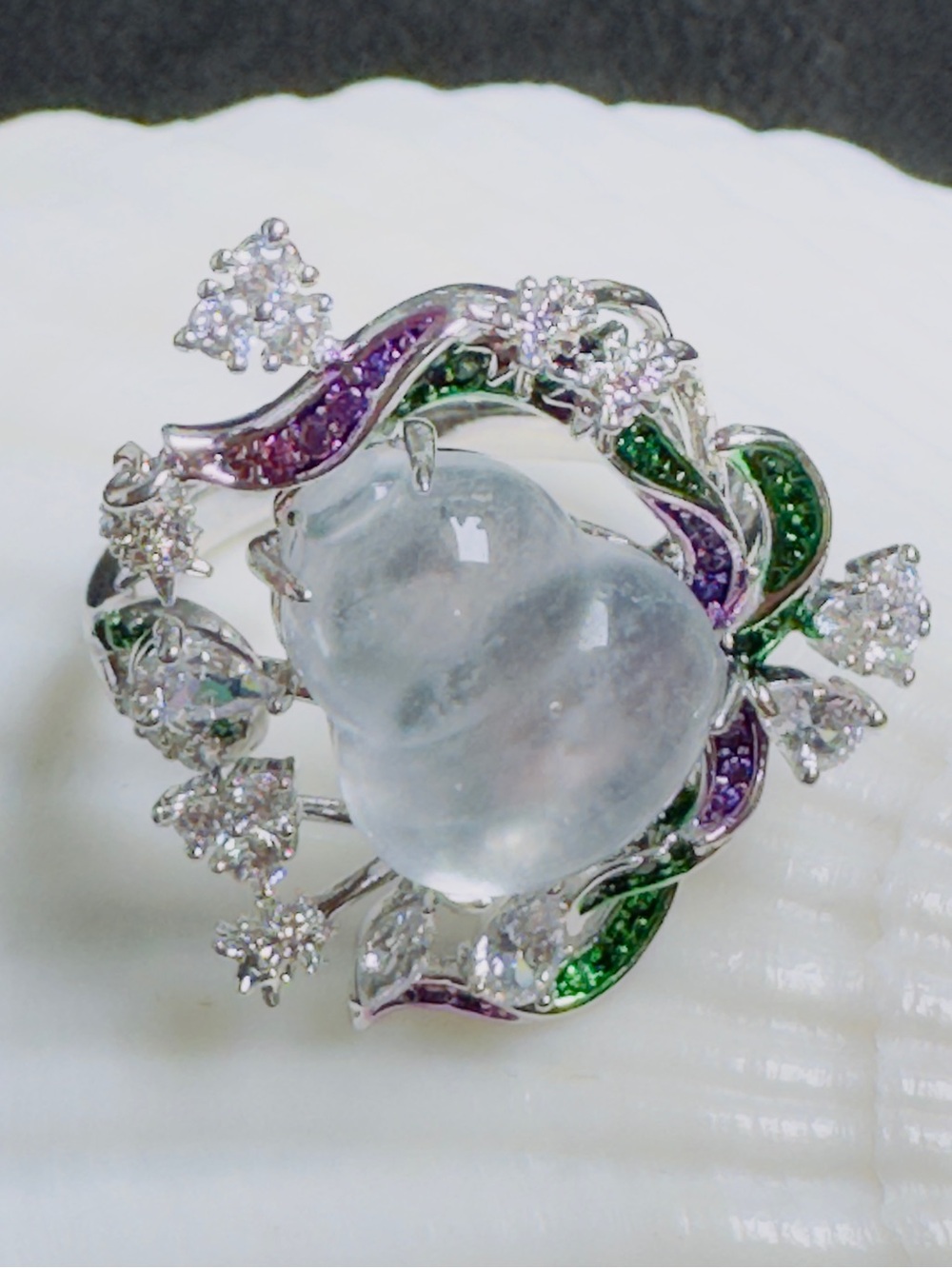 Natural Water Moss Jade CZ Floral Statement Ring